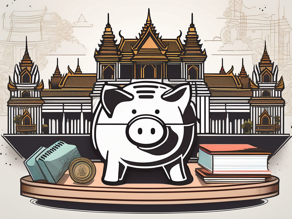 A piggy bank placed on a table with a backdrop of famous bangkok landmarks like the grand palace and wat arun