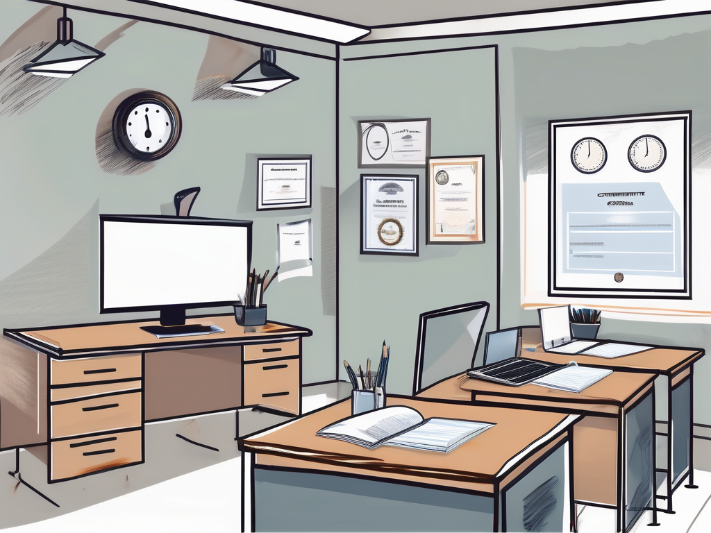 A classroom setting in dubai with a computer on the teacher's desk displaying an ipgce certificate