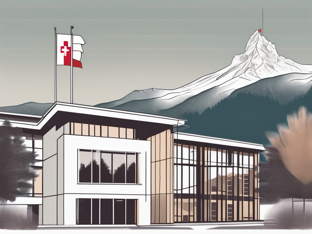 The international school of geneva building with a scenic swiss mountain backdrop and a few symbolic elements like a briefcase and a graduation cap to represent employment and education
