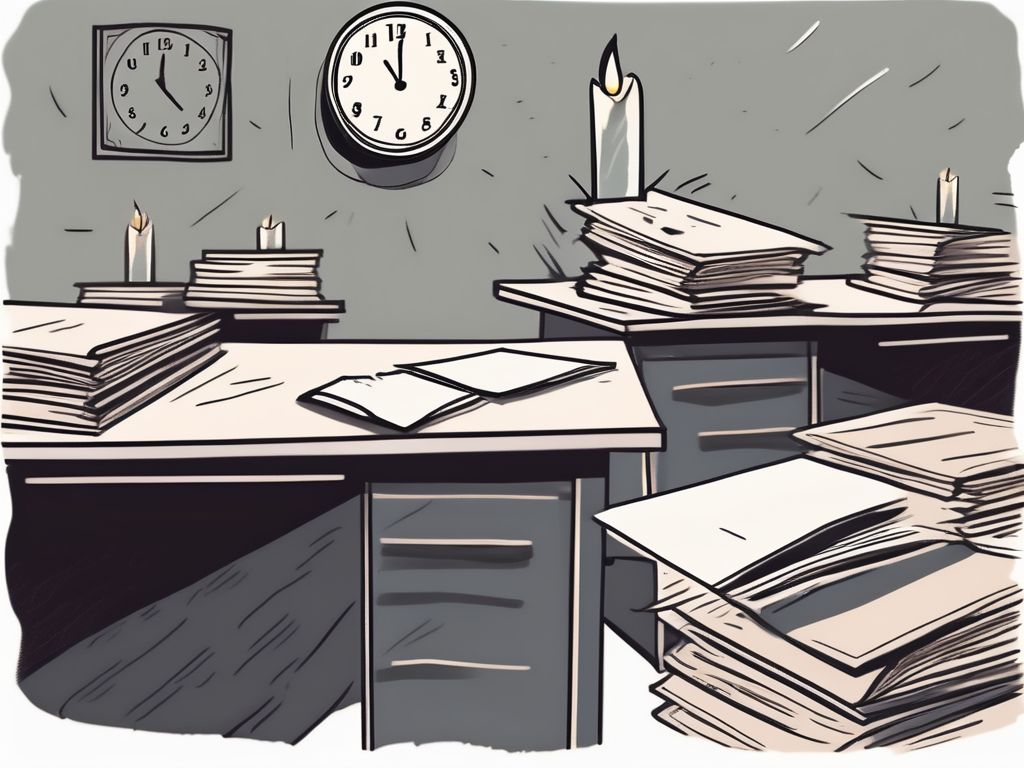 A dimly lit classroom with an overflowing desk