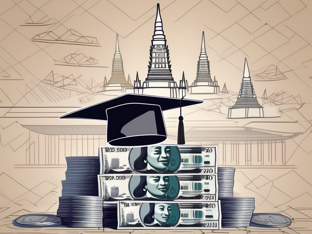 A graduation cap resting on top of a stack of thai baht bills