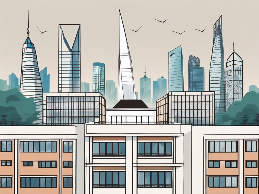 The shanghai community international school building with a symbolic arrow pointing towards it