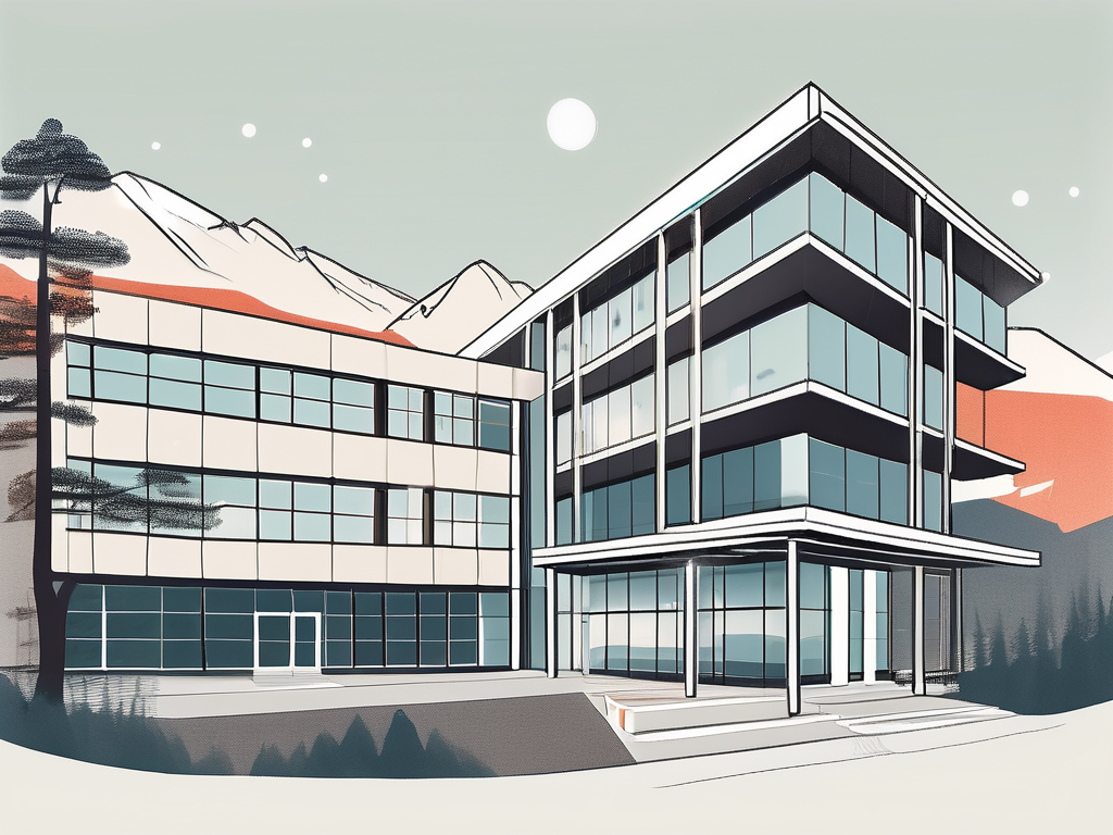 The oslo international school building in norway surrounded by some iconic norwegian elements like fjords and northern lights