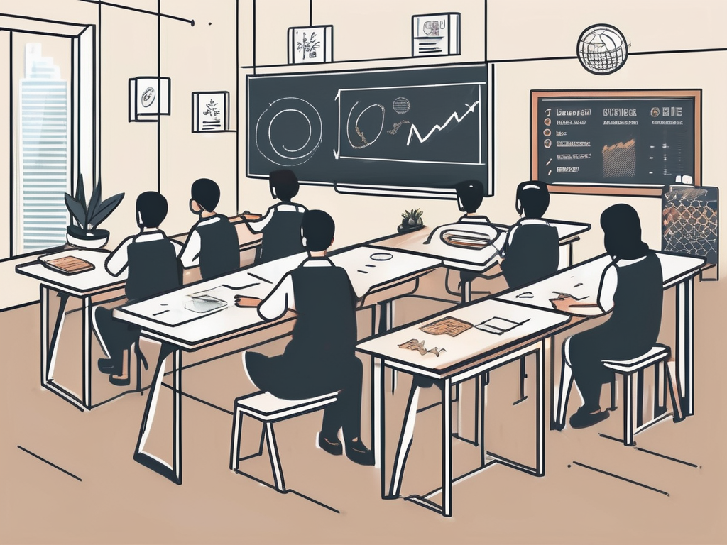 A classroom scene in singapore with various teaching tools and a chalkboard