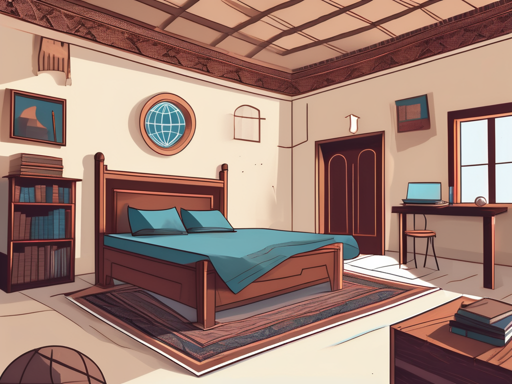 A neatly made bed placed inside a traditional qatari house