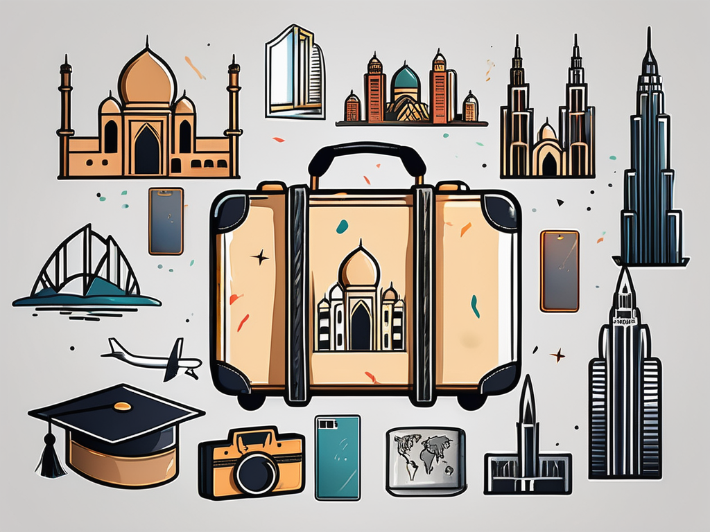 A suitcase adorned with stickers of famous dubai landmarks
