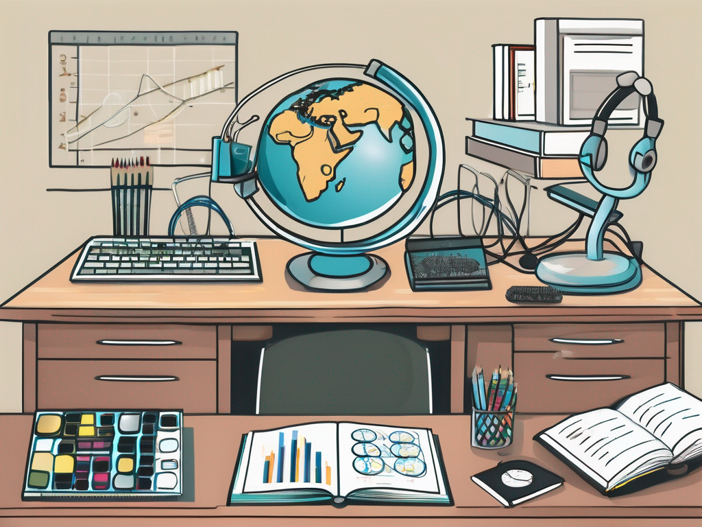 Seven different educational tools such as a globe