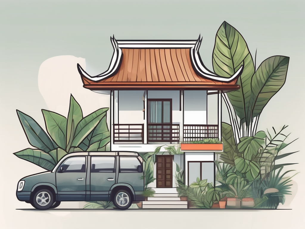 A quaint thai house surrounded by tropical plants with a "for rent" sign