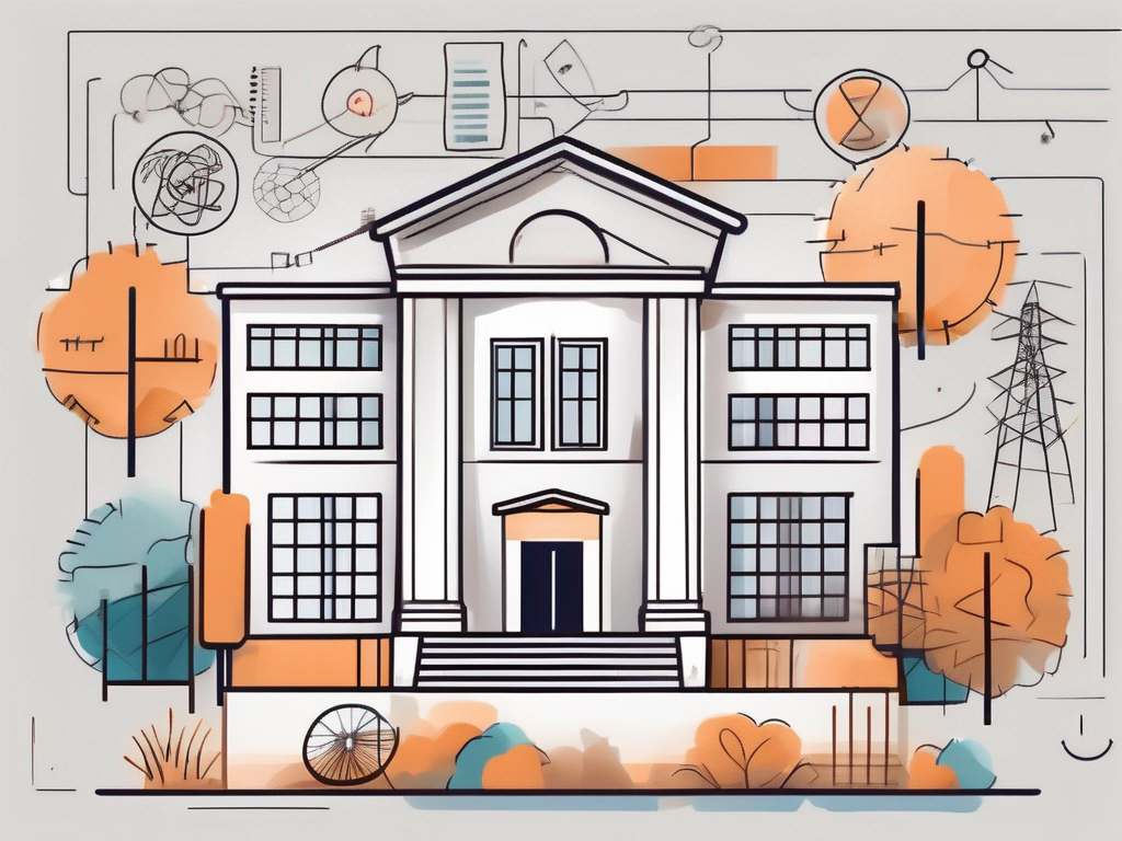 A school building with various symbols around it representing economic factors