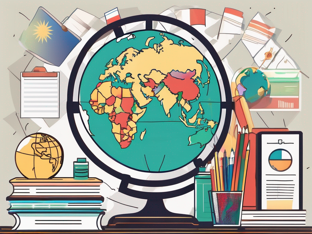 A vibrant classroom setting in malaysia with a prominent cv on the teacher's desk