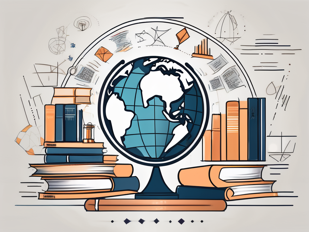 A globe surrounded by various educational symbols like books