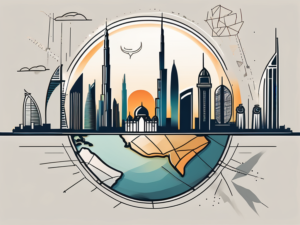 A modern dubai skyline with iconic landmarks