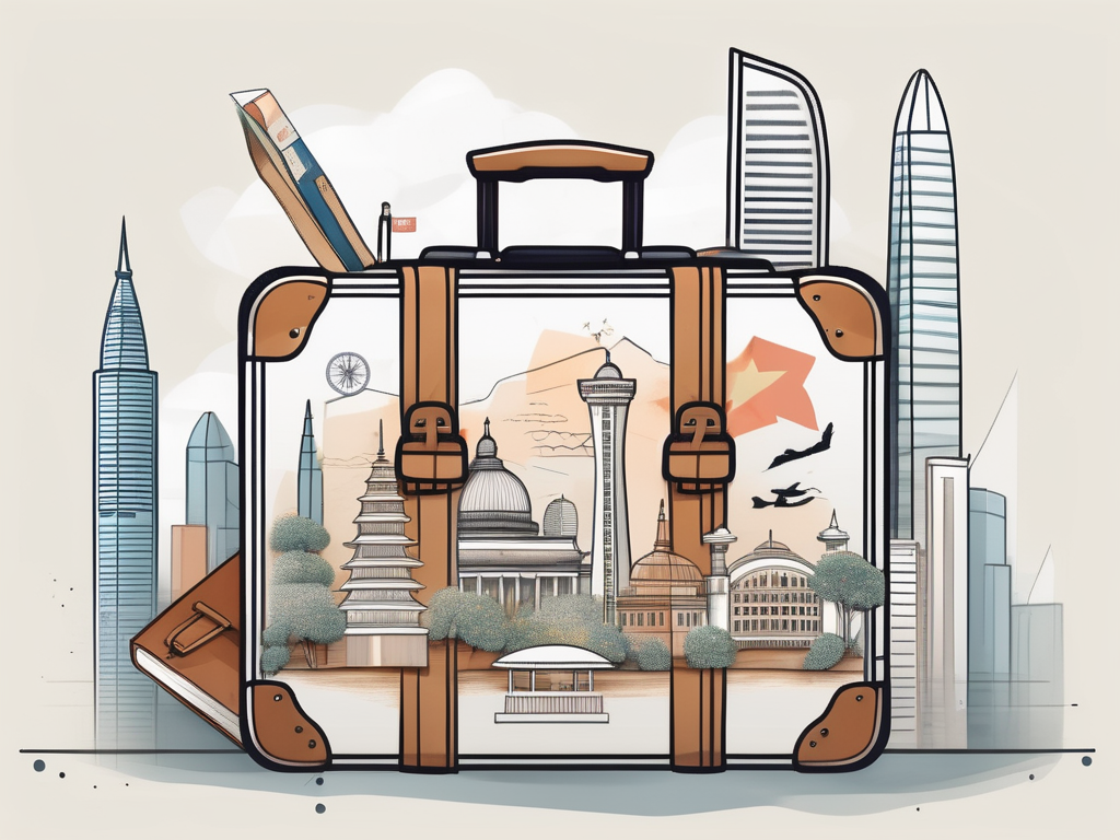 A suitcase adorned with singaporean landmarks