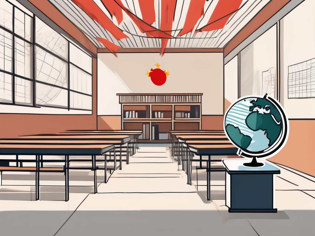 A half-empty classroom with a few scattered apples on the desks