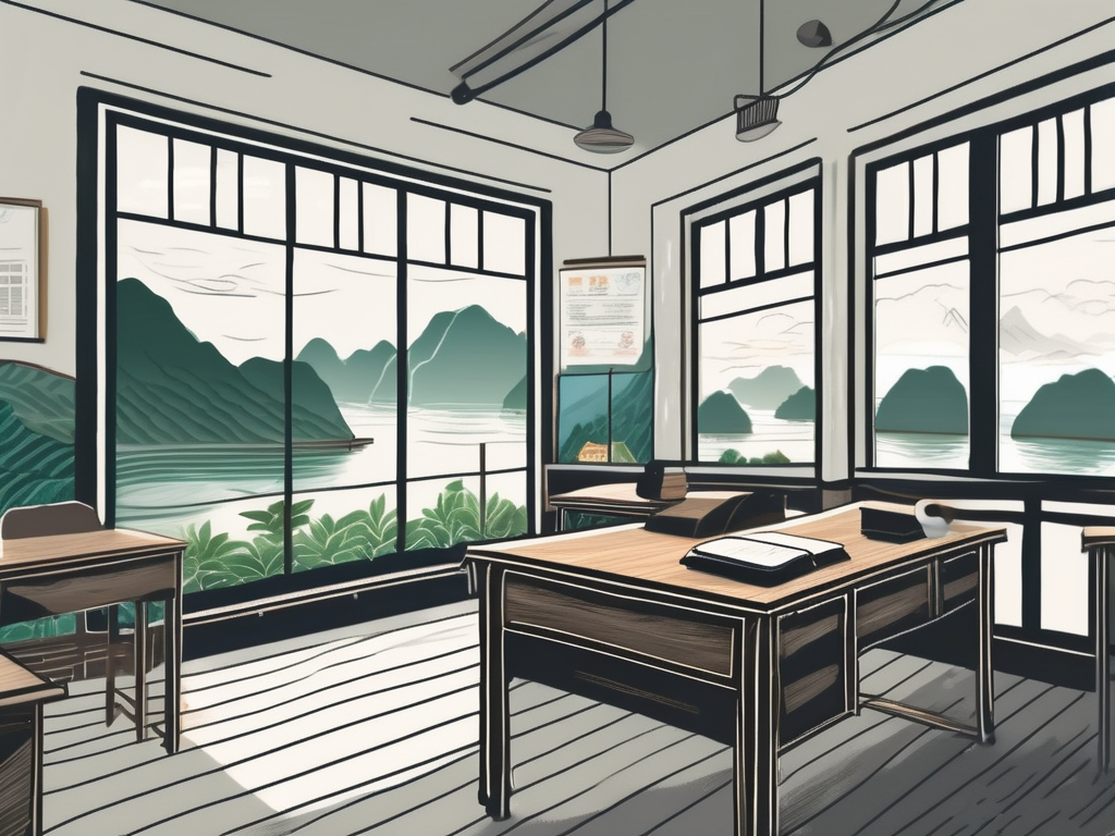 A classroom setting with a view of vietnam's iconic landscapes
