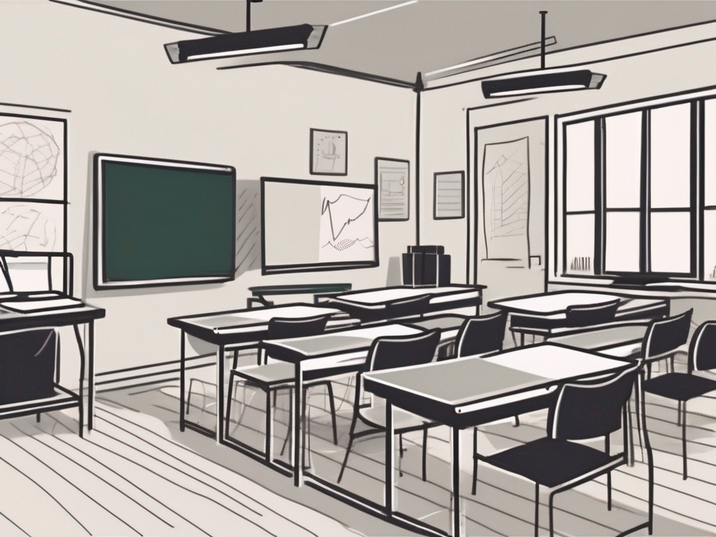 A classroom setting with various teaching tools like a chalkboard