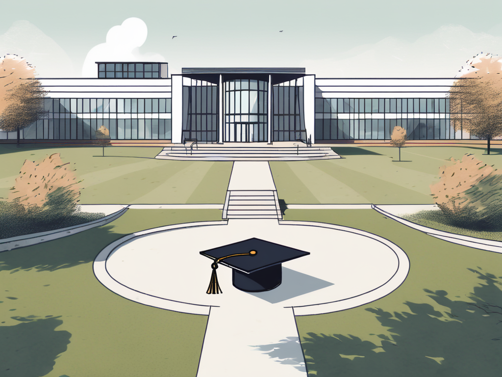 A modern school building with the chinese flag flying on top