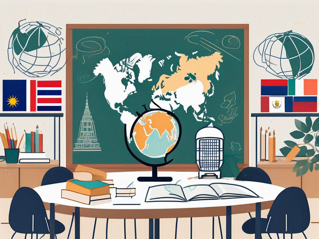 A classroom scene with diverse cultural symbols