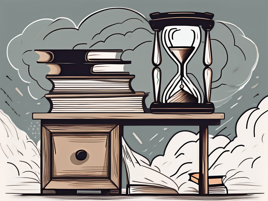 A classroom desk stacked high with books and papers