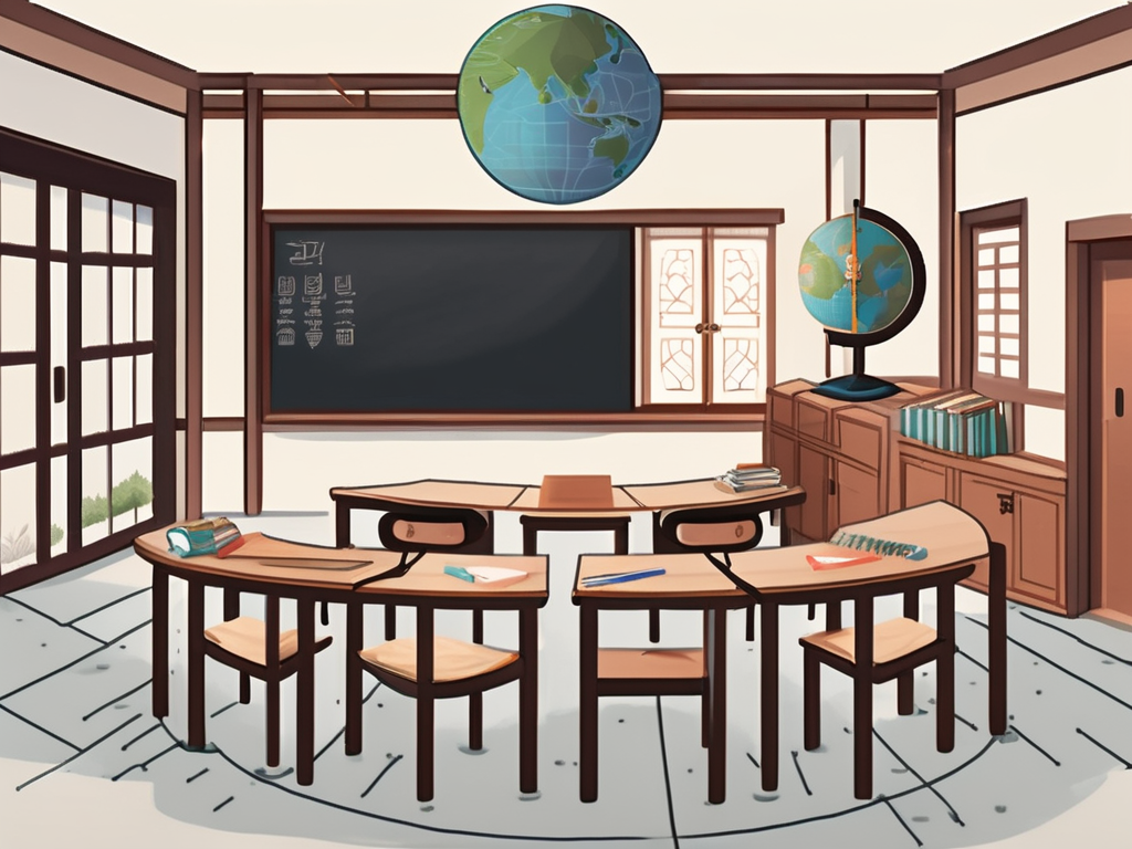 A classroom setting with desks arranged in a semi-circle