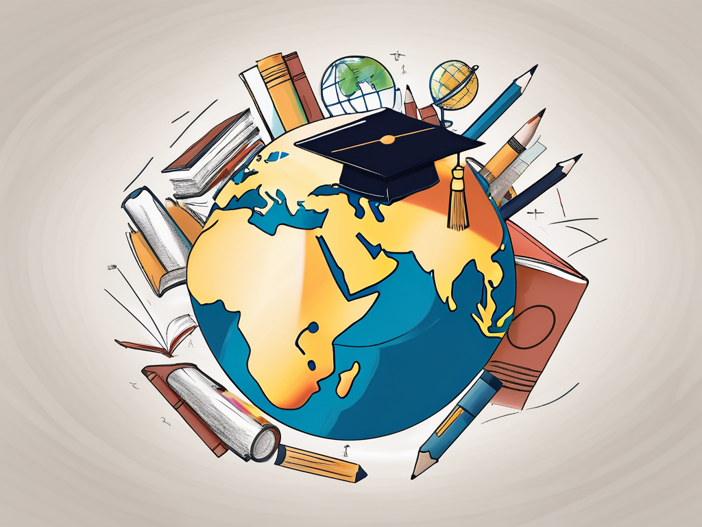 A globe surrounded by various educational tools like books
