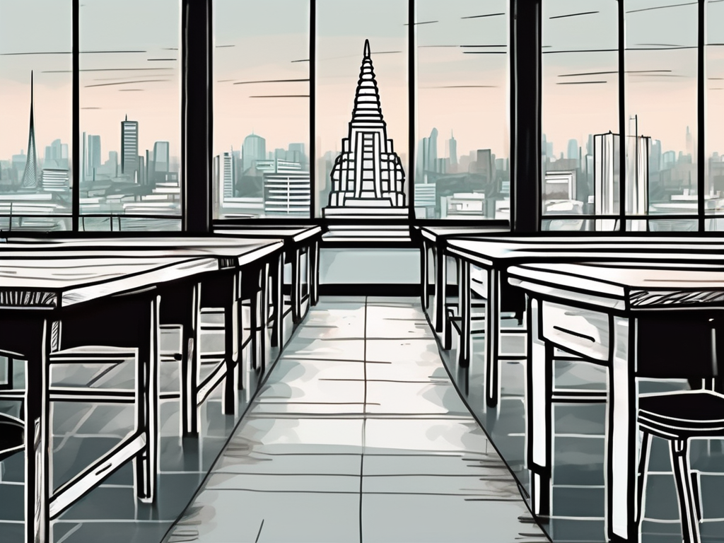 A classroom scene with empty desks and chairs