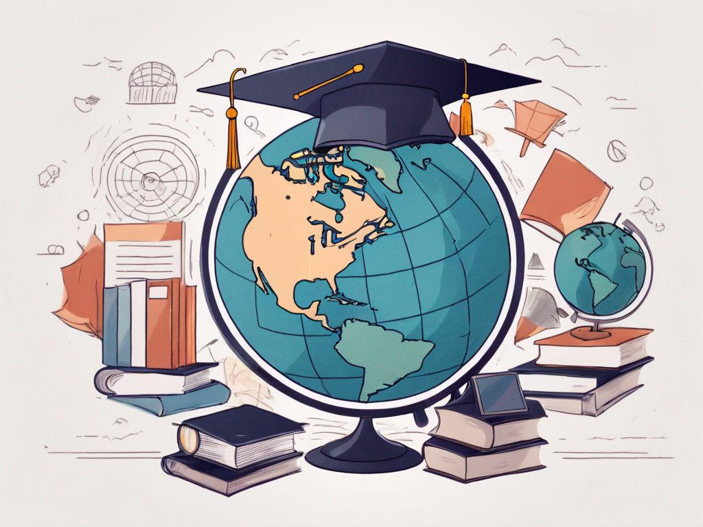 A globe with various educational icons like graduation caps