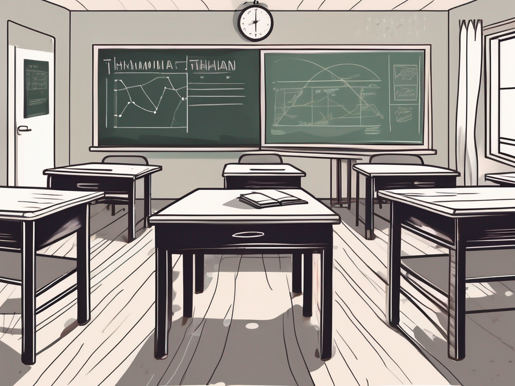 A classroom setting in thailand with a chalkboard