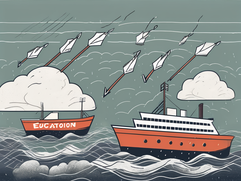 A sinking ship labeled "education" with lifebuoys labeled "retention" floating away