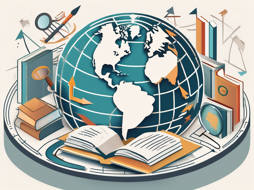 A globe with various educational tools like books