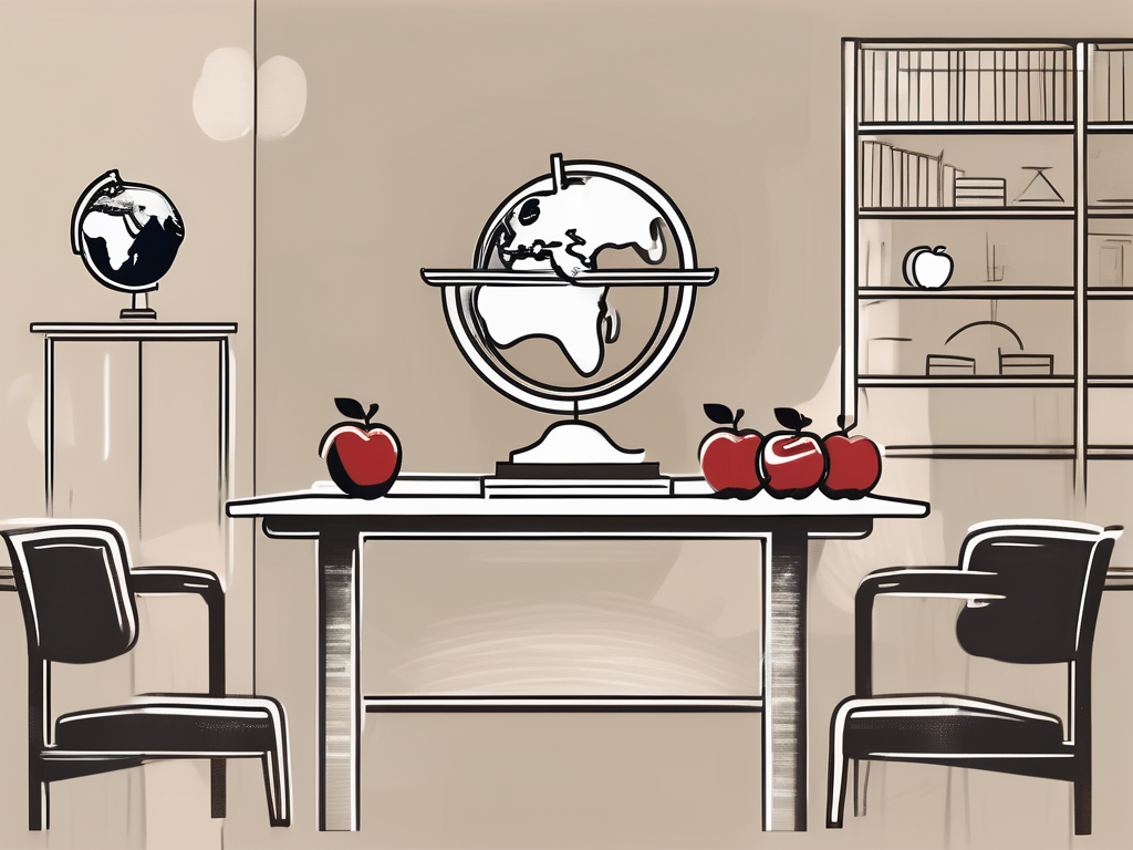 A classroom setting in singapore with various symbolic elements like an apple (for education)