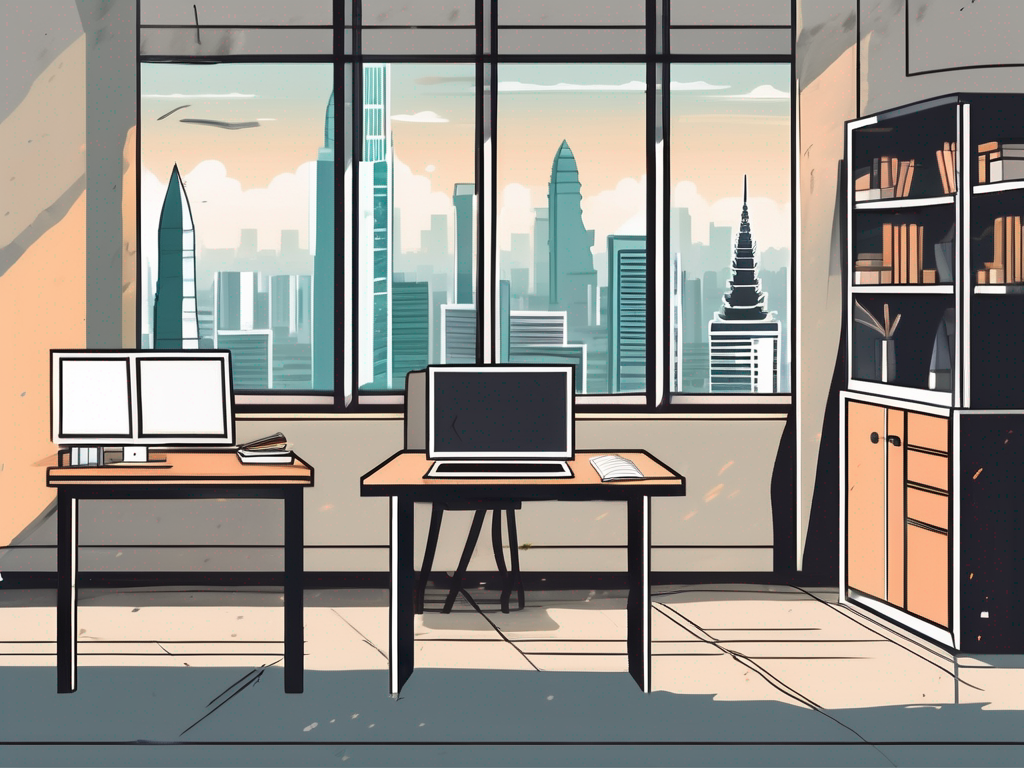 A classroom setting with a view of bangkok's cityscape through the window