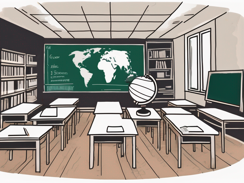 A classroom setting with various teaching aids such as books