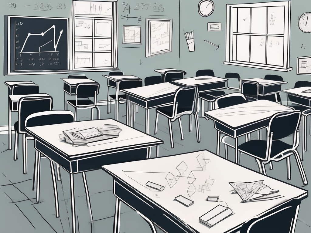 A classroom scene with scattered chairs