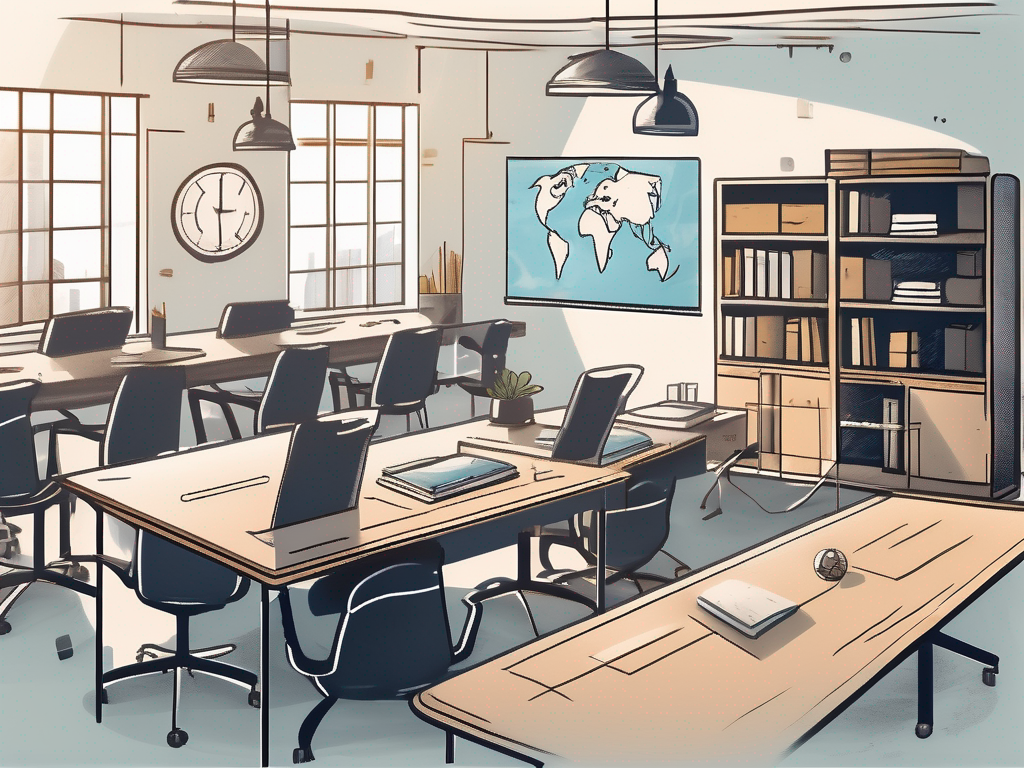 A classroom setting in dubai with various educational tools and symbols that represent collaboration and strategic planning