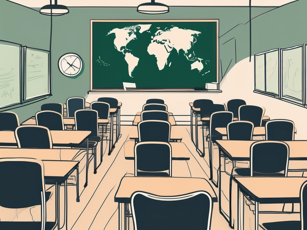 A classroom setting with empty chairs and desks