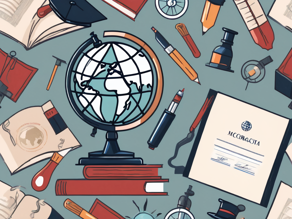 A globe surrounded by various educational tools like books