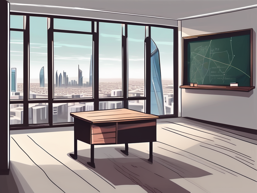 A classroom with an empty teacher's desk