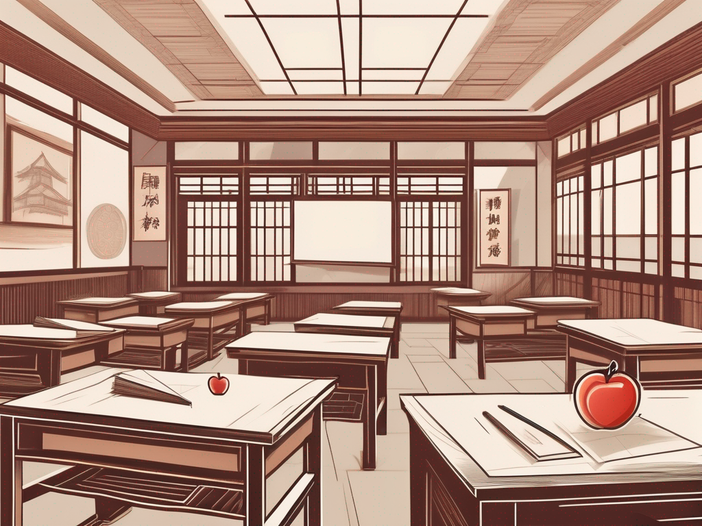 A classroom setting with iconic chinese architectural elements in the background