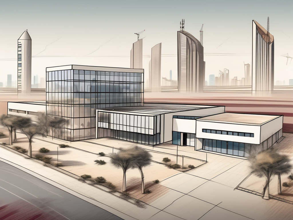 A qatari landscape with a school building in the foreground and construction sites in the background