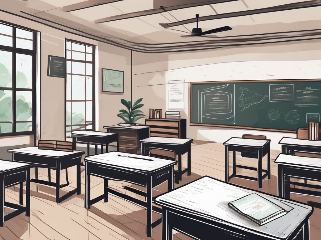 A classroom setting in vietnam with a chalkboard