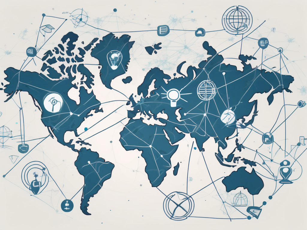 A global map connected by various lines and symbols representing education and networking