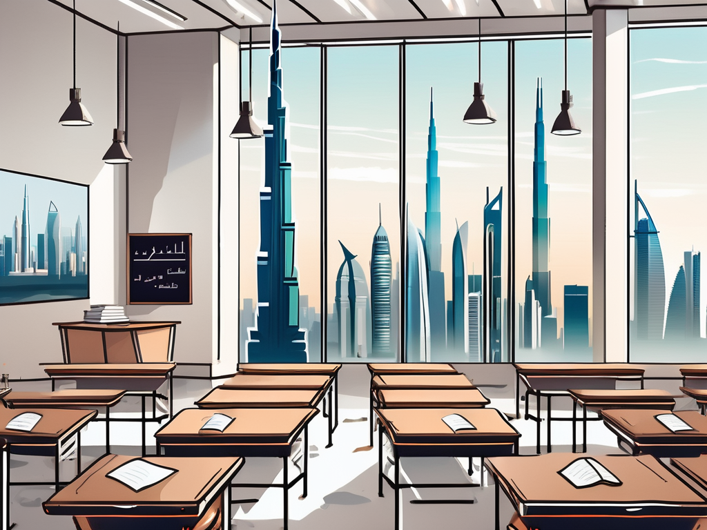 A classroom setting with a view of dubai's skyline in the background