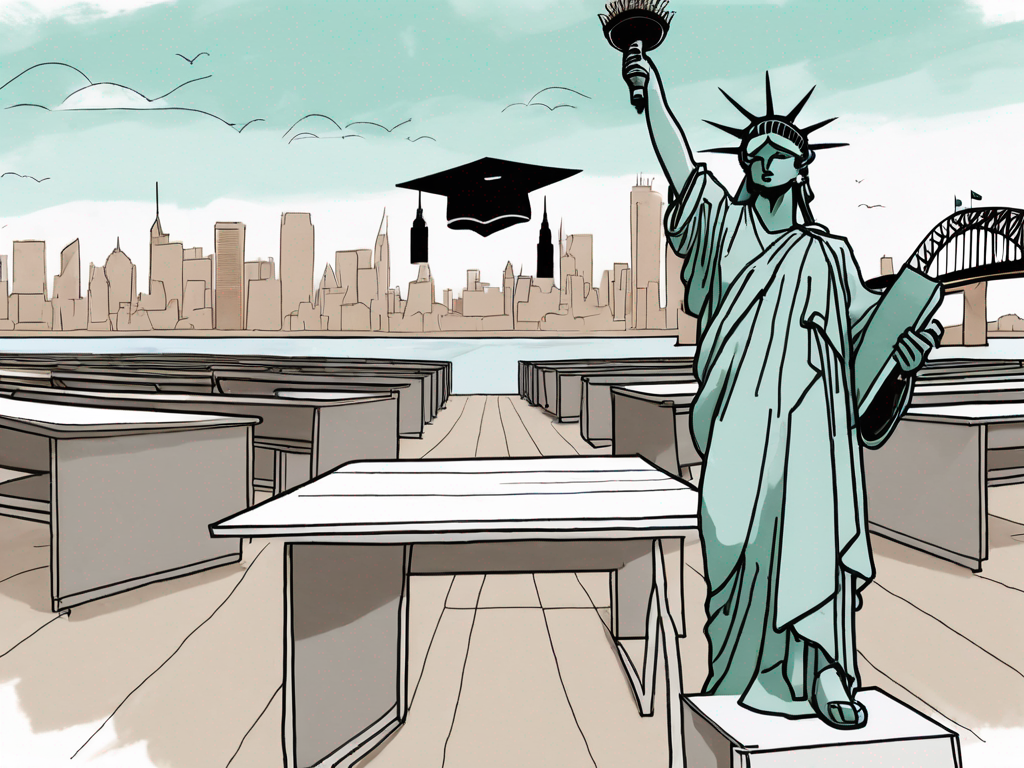 A classroom scene with iconic landmarks from both australia and the us