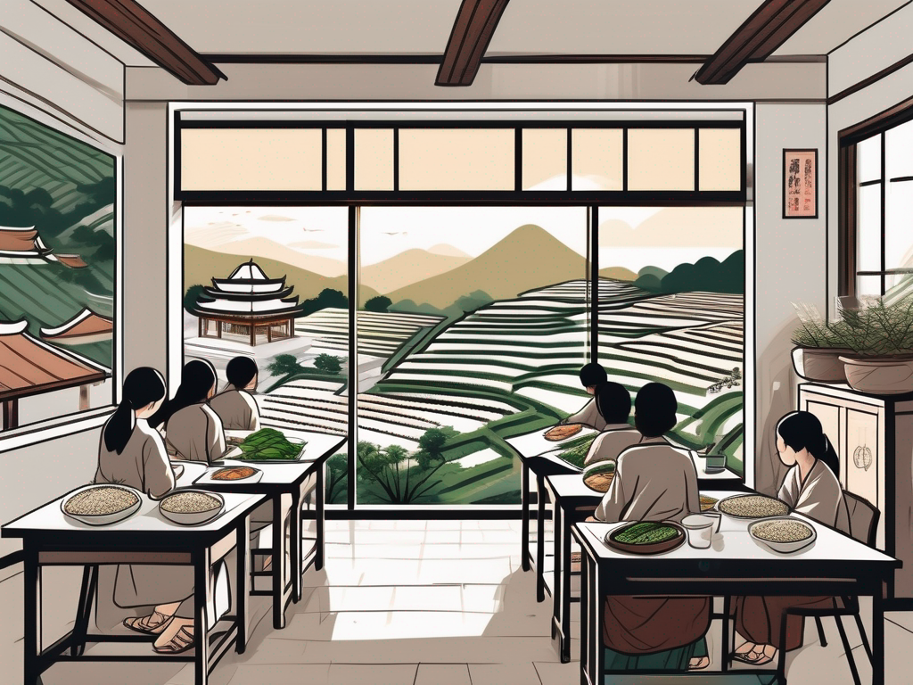 A scenic vietnamese classroom with a beautiful view of the country's landmarks