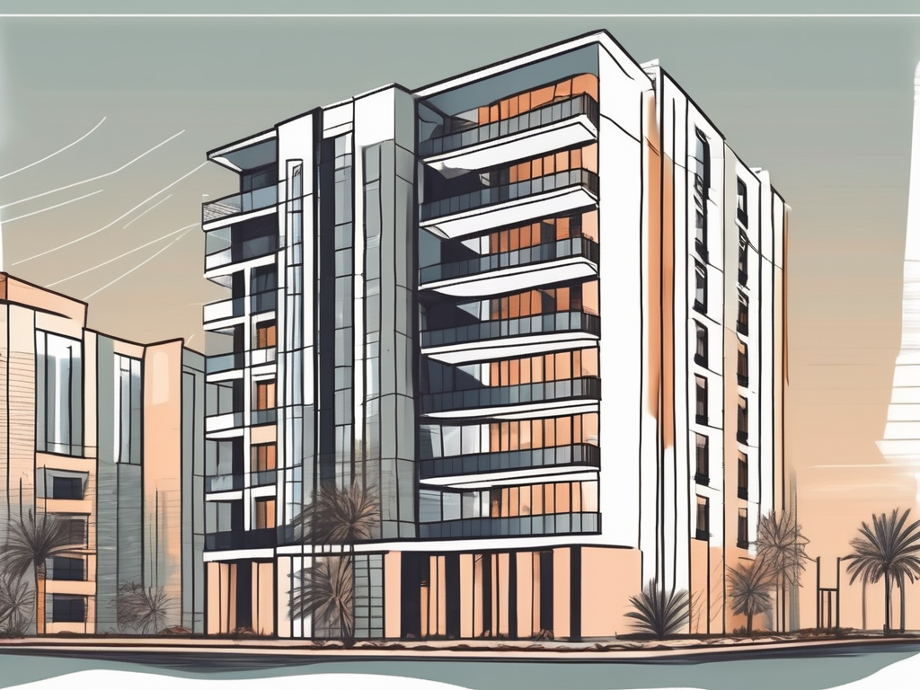 A modern apartment building in dubai with a school nearby