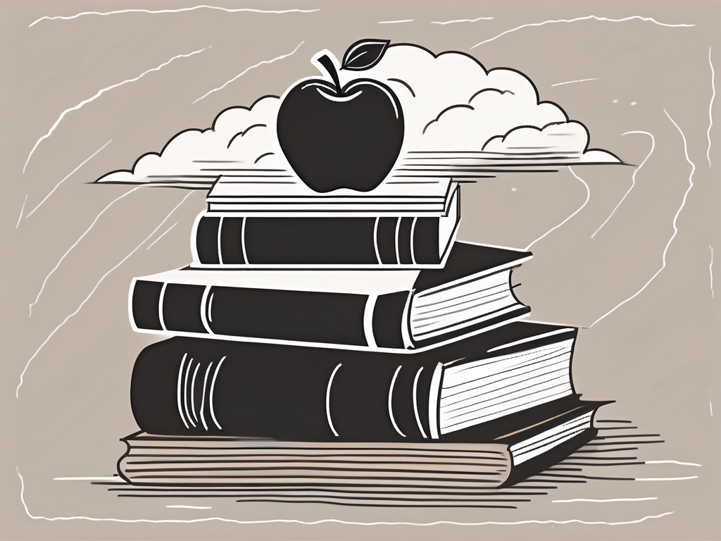 A teetering stack of books and an apple on a teacher's desk