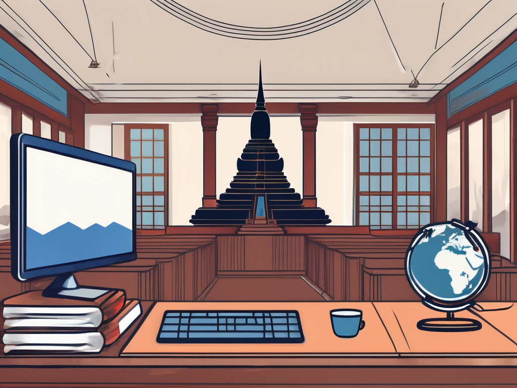 A classroom setting with a teacher's desk