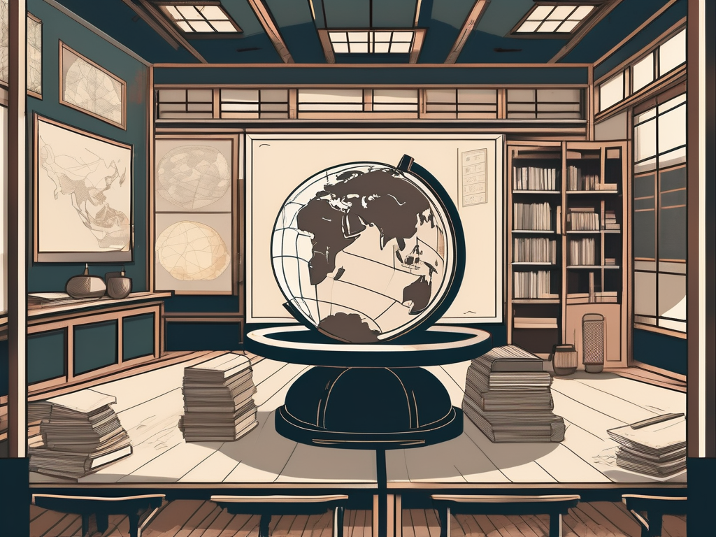 A classroom setting with a globe in the foreground