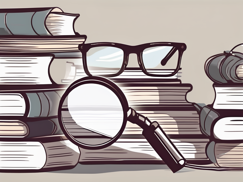 A stack of curriculum books with a magnifying glass over it